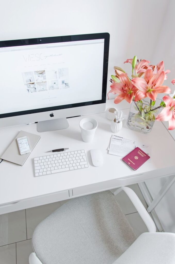 All-white minimalist desk setup