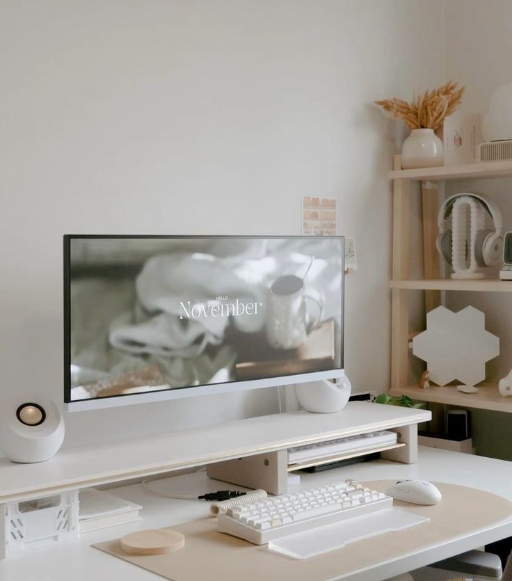 Minimalist cream desk setup