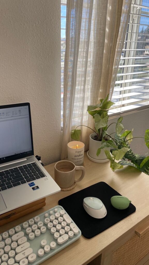 Plant-themed minimalist desk setup